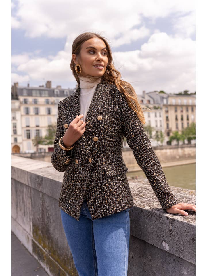 Attentif Paris – wholesale Blazer – Women's – Black shiny sequin tweed double-breasted blazer jacket