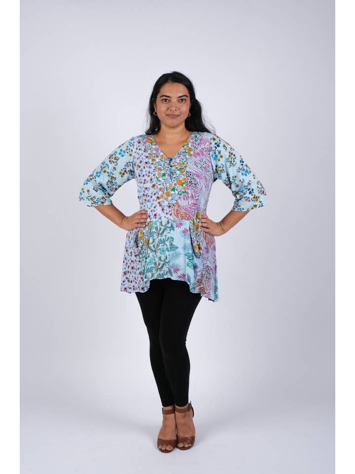 Sacred Threads - Wholesale Tunic - Women's - Blue Floral Serenity Patchwork Tunic