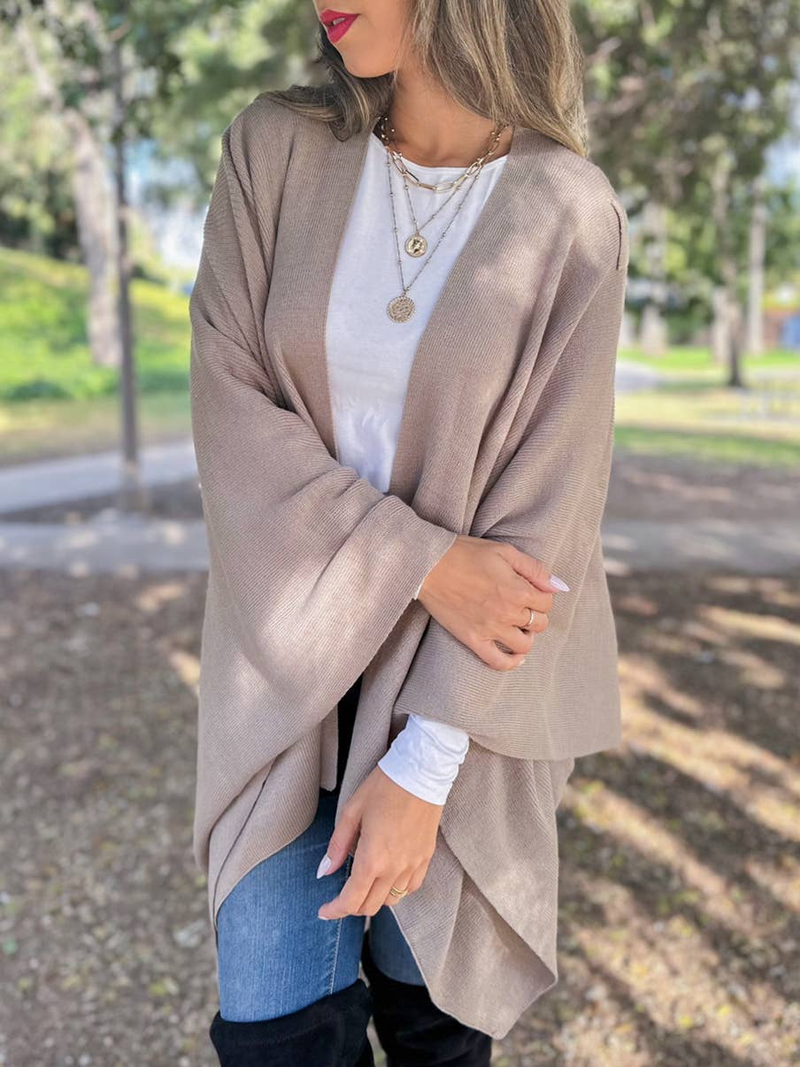 Taupe Solid Knit Ruana Shawl with Shoulder Strap for wholesale on Faire4