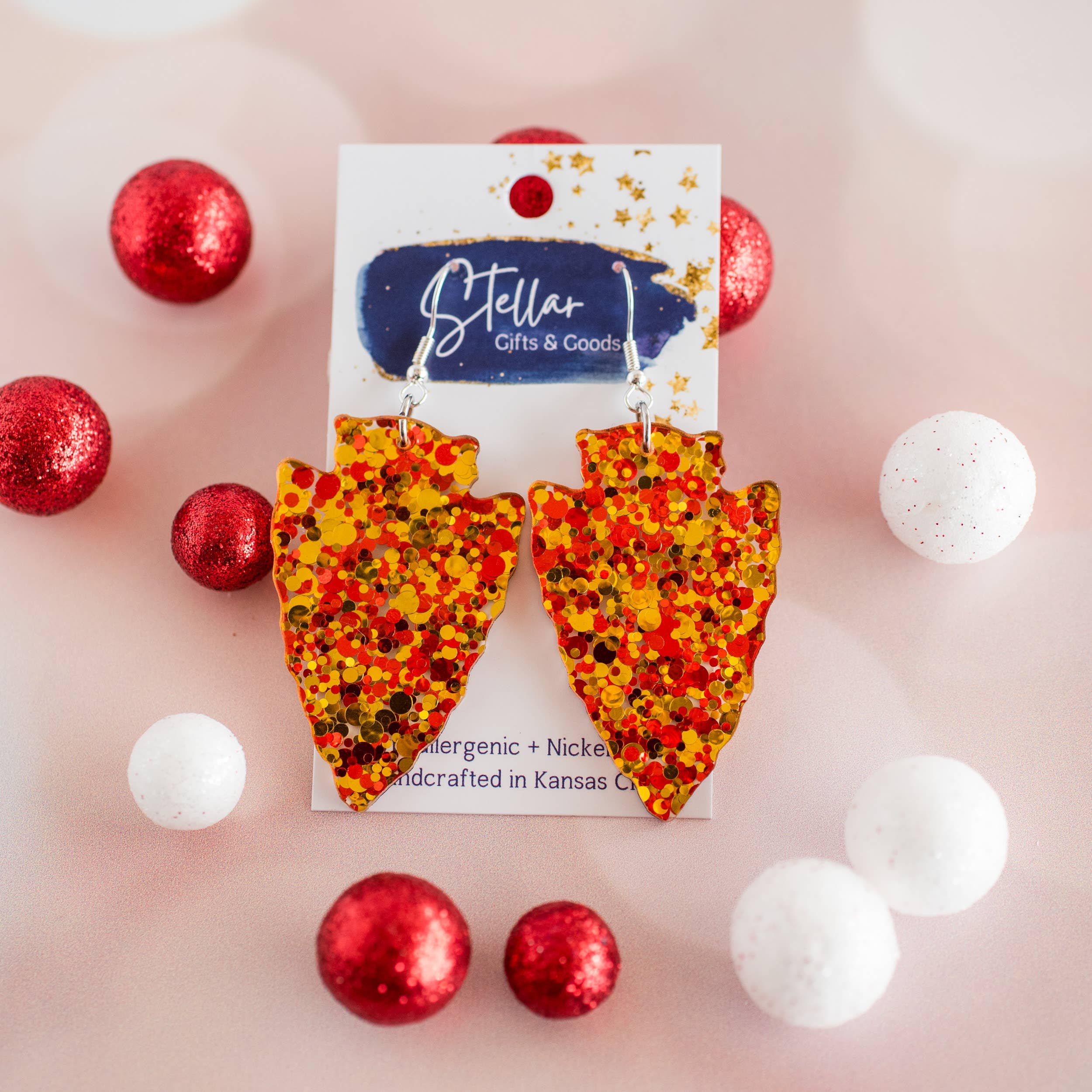 Stellar Gifts & Goods Wholesale - Wholesale Dangle Earrings - KC Football - Large Red & Gold Confetti Arrowhead Dangles2