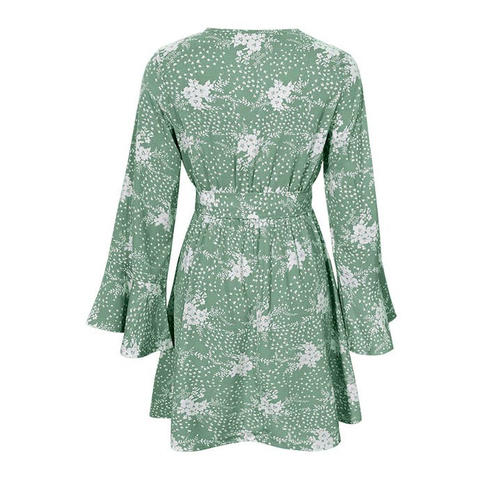 Lily Clothing - Wholesale Dress - Women's - Flared sleeve V-neck printed long-sleeved dress8