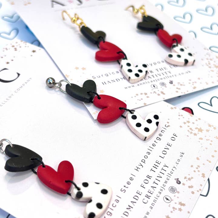 Triple Heart in Matte Red, Black and Black and White Spots for wholesale by Annica’s Jewellery Co