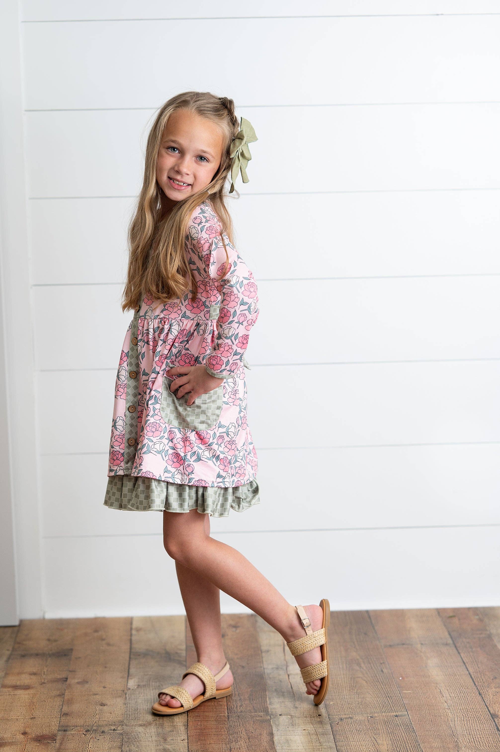 Adorable Sweetness - Wholesale Dress - Kids - Girls Rose Floral & Sage Check Ruffle Pocket Tie Dress2