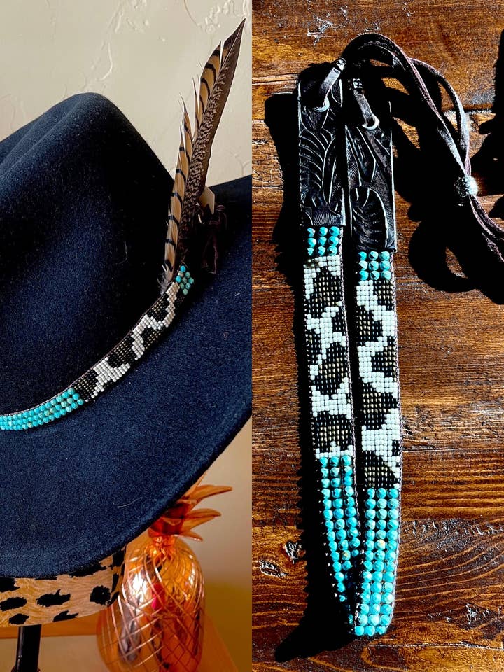 Turquoise and Cheetah ; The Boujee Cowgirl, Gemstone Hatband for wholesale by Fleurdesignz Western Jewelry