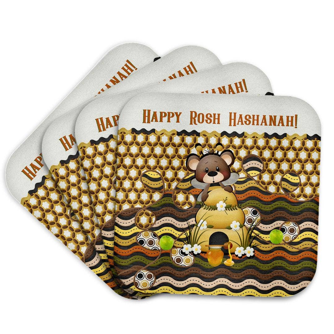 3dRose - Vente Sous-verre - 3dRose, Image d'un ours abeille de Rosh Hashanah, nid d'abeilles, pommes, pot et ruche, dessous de verre7