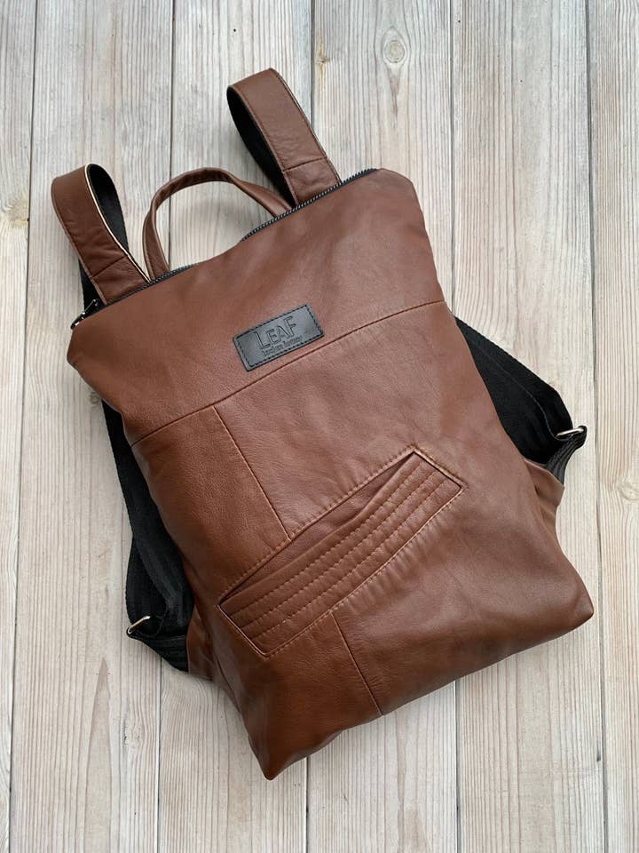 Backpack Leather, Brown Small Upcycled Leather Backpack, Ooa for wholesale by LeaF