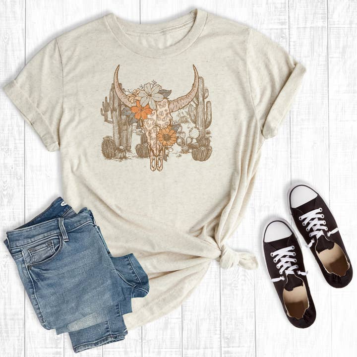 Western Cow Skull Cactus Graphic Tee for wholesale by The Way Down South
