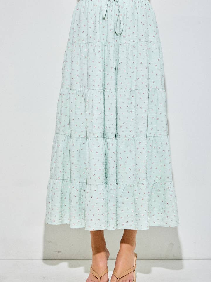 Micro Floral Print Tiered Maxi Skirt for wholesale by Baevely by Wellmade USA