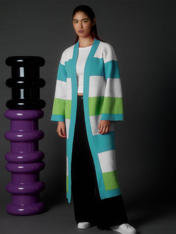 Mehrfarbiger gestreifter Cardigan, lang, Grün/Blaugrün für den Großhandel von INGMARSON