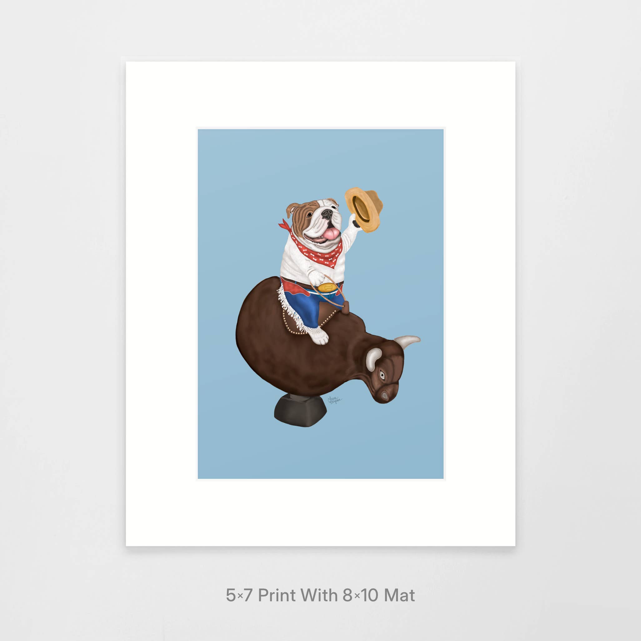 Laura Bergsma Studio - Venta al por mayor Ilustración - Impresión artística de perro bulldog inglés, edición de fondo azul0