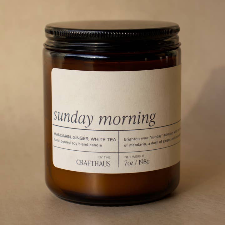 Sunday Morning - 7 oz. Amber Glass Soy Candle for wholesale by The Crafthaus