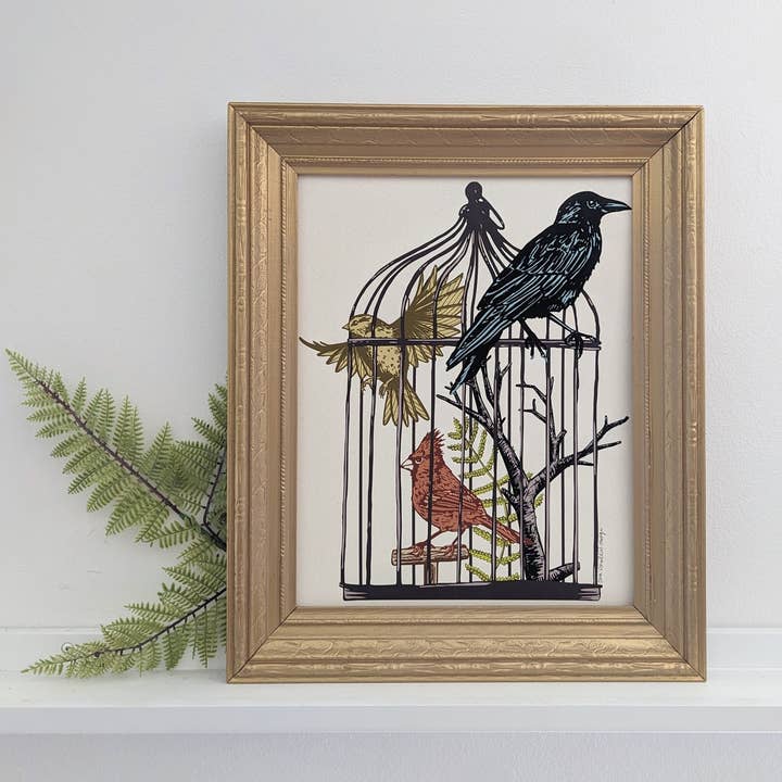 impression d'art | oiseaux en cage 1 - pinson, cardinal et corbeau pour la vente par ilikesara | art + goods