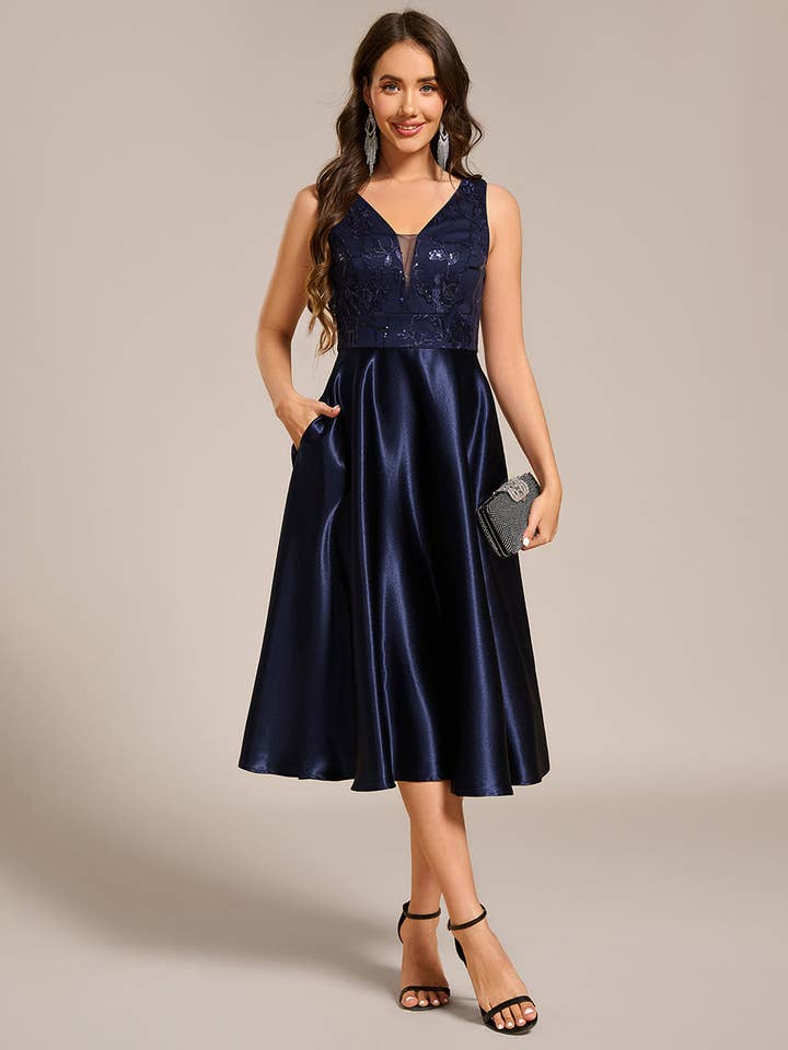 Strapless Satin Deep V-Neck Wedding Guest Dress for wholesale by Ever-Pretty