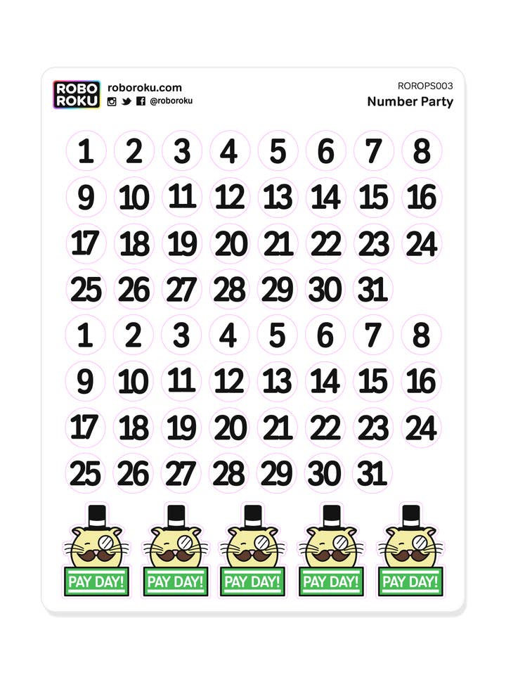 Number Party Dates - Planner Stickers for wholesale by Robo Roku