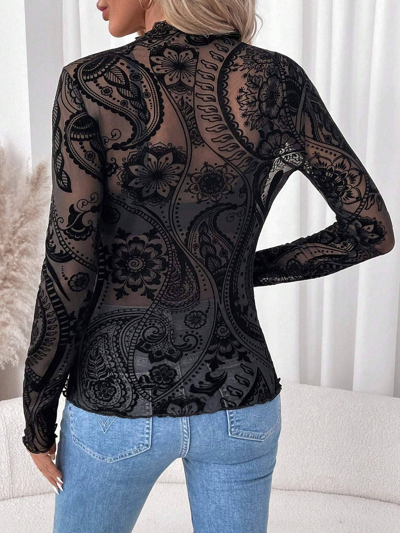 Black Paisley Velvet Print Mesh Top for wholesale on Faire9