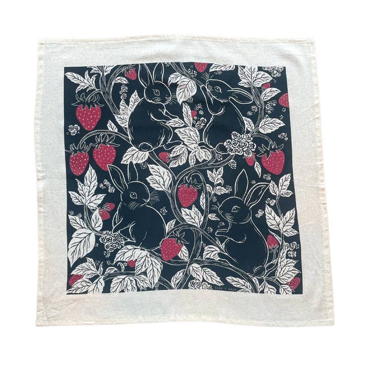 Bunnies & Berries Screen-Printed Tea Towel for wholesale by Fern and Skye