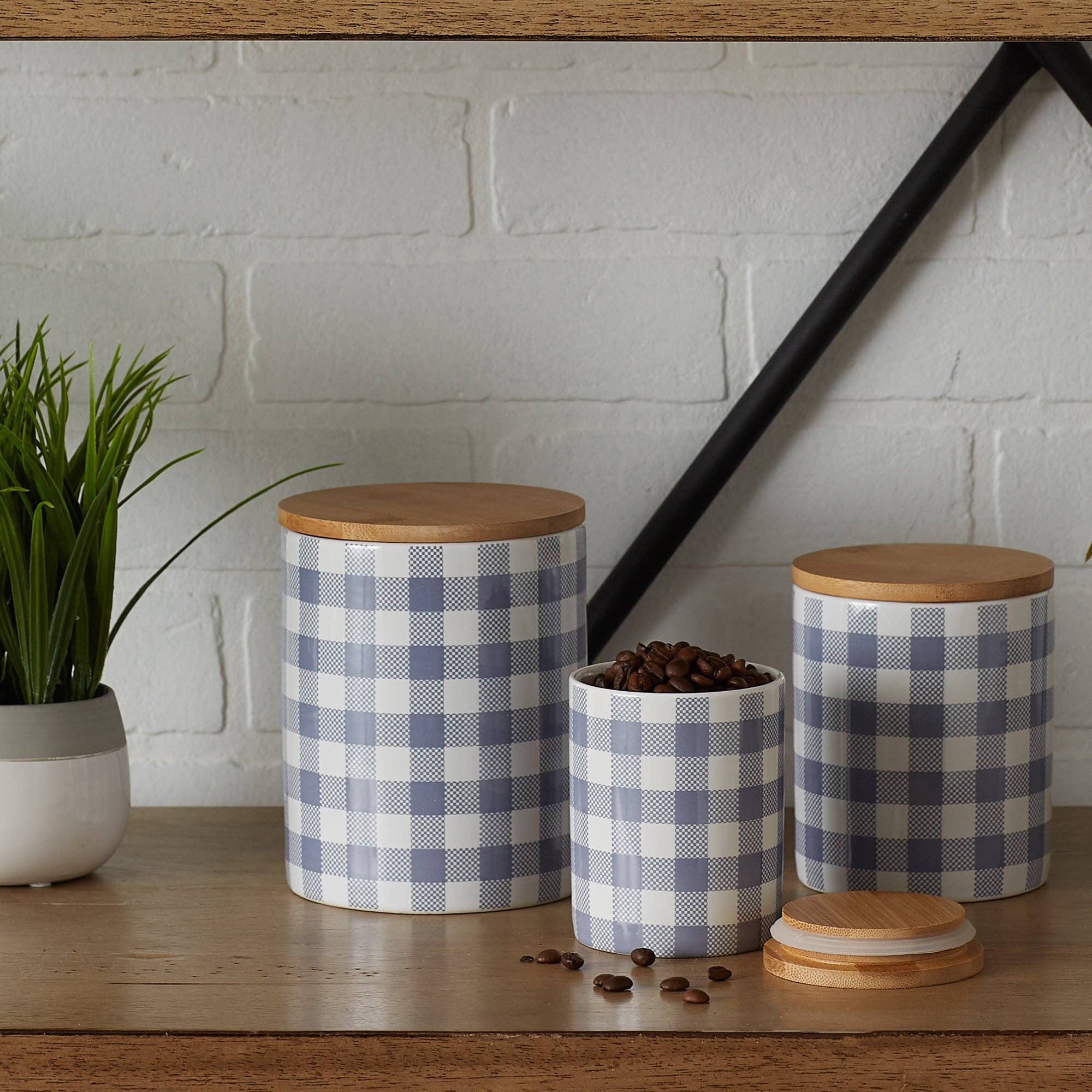 Welcome Home Unbeatable Deals - Wholesale Canister Set - Stonewash Blue & White Buffalo Check Ceramic Canister Set7