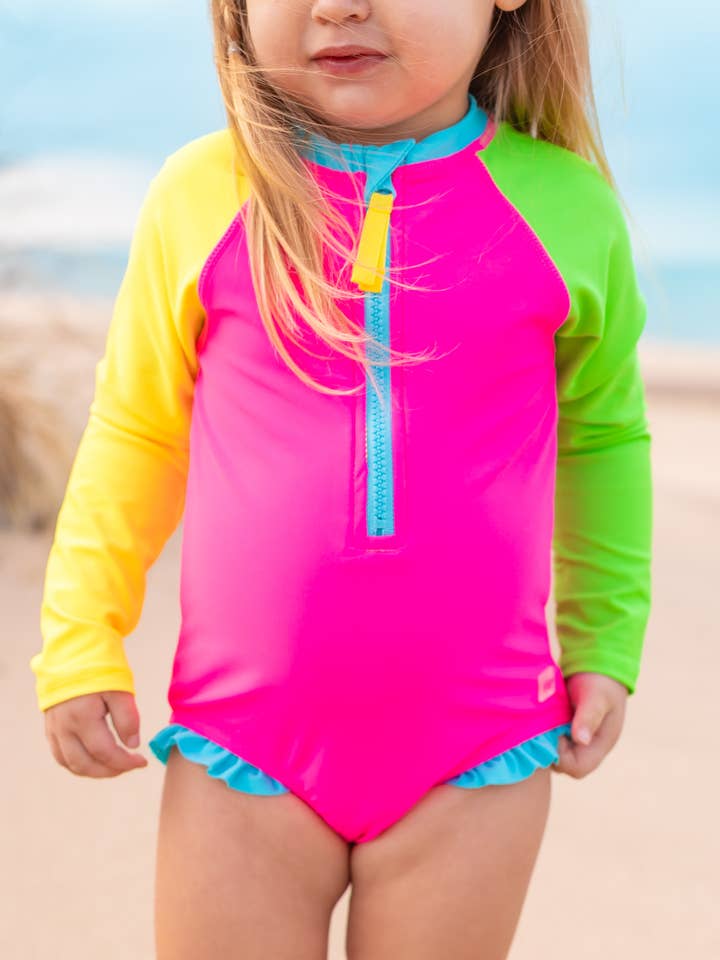 Girls Neon Color Block Long Sleeve One Piece Rash Guard Swimsuit
for wholesale by RuffleButts + RuggedButts
