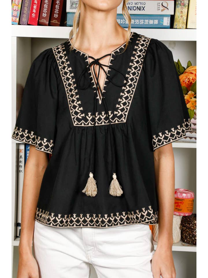 Vine & Love - Vente Chemisier – femme - Blouse blanche brodée à col noué, style bohème