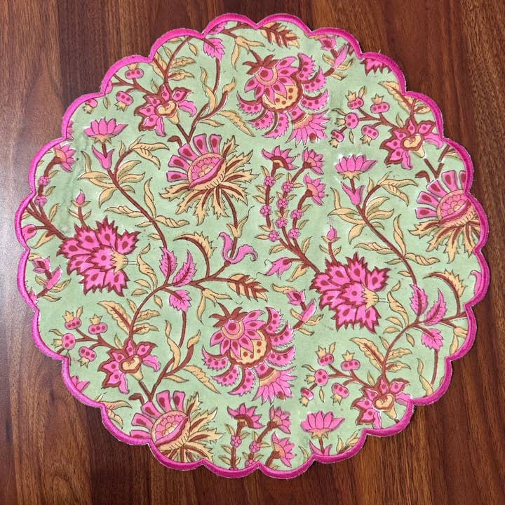 Fabricrush - Wholesale Placemat - Tablemats, Pistachio Green, Watermelon Pink Indian Floral 0