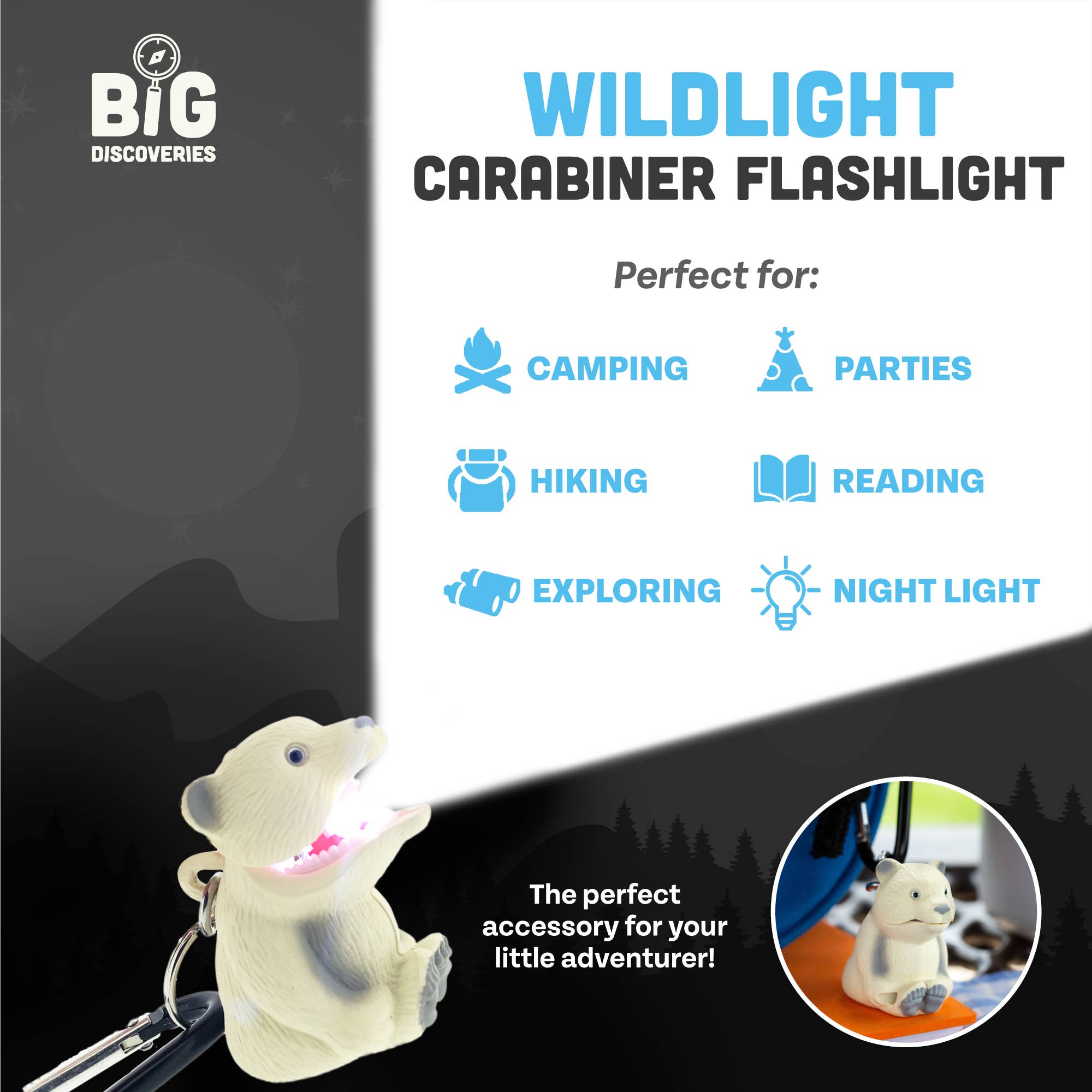 Big Discoveries / Sun Co. - Wholesale Light-Up Toy - Kids & Baby - WildLight Animal Carabiner Flashlight - Polar Bear6