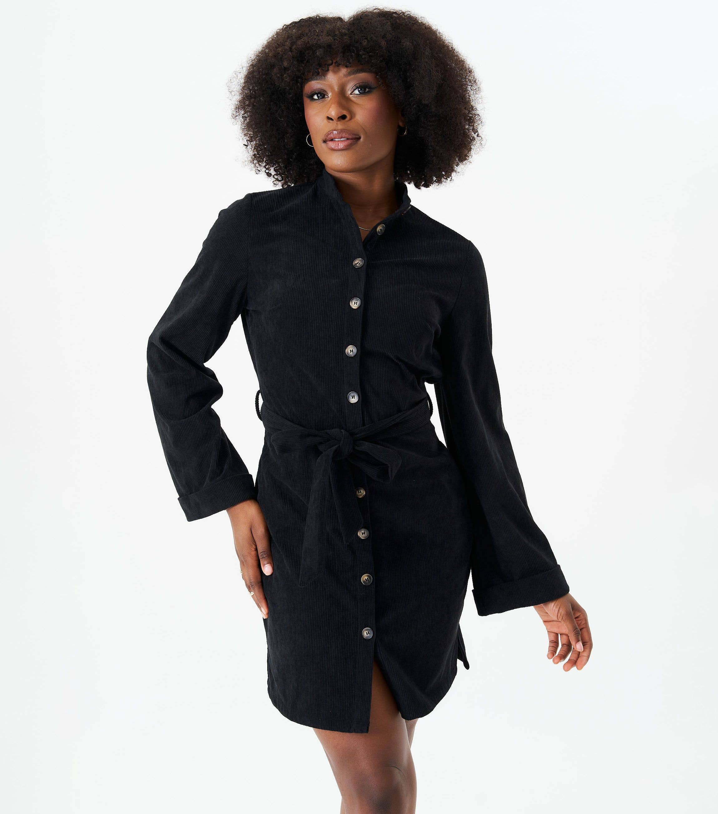 Black Button Front Belted Corduroy Shirt Dress for wholesale on Faire0