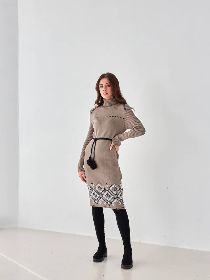 Knitted Warm Dress Ivanka Cappuccino for wholesale by Handmade Originals Ukraine
