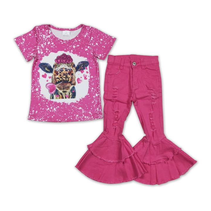 Heart cow flower shirt distressed jeans girls valentien's outfits for wholesale by Yawoo Garments