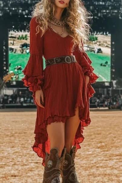red Western Cowgirl Coachella Ruffle high-low swing long dress for wholesale on Faire3