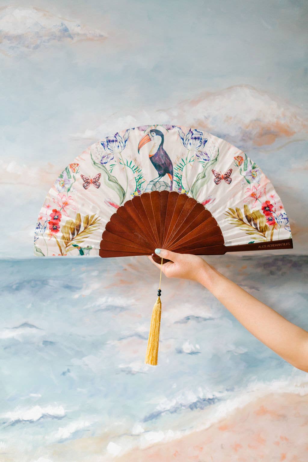 Alice Acreman Silks – wholesale Handheld folding fan – Floral Silk Fan with Toucan design and luxurious Gold tassel3