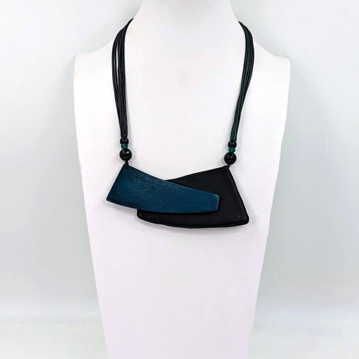 Luxury leather and wooden geometric design statement necklace for wholesale by Tempest Designs