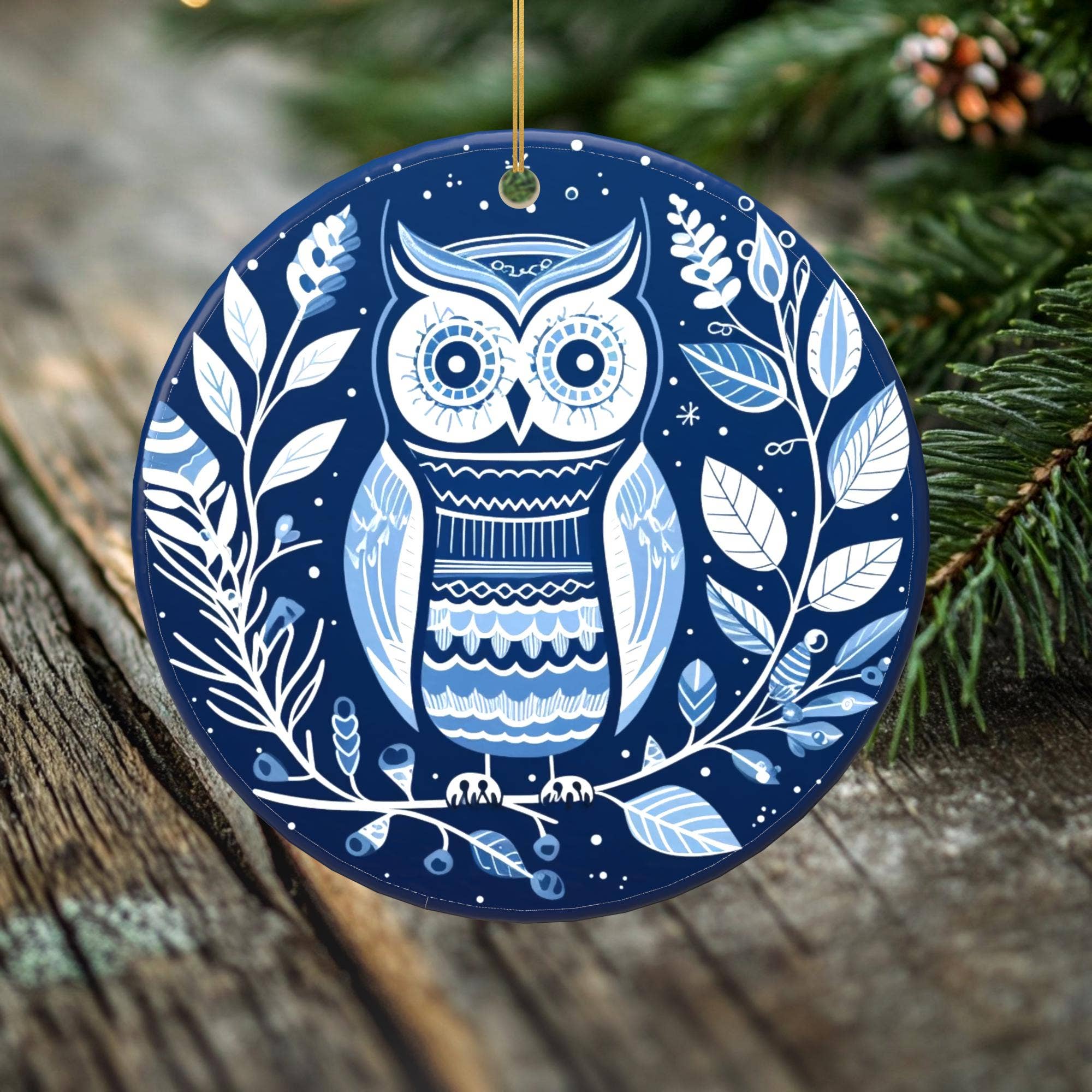 Peeping Tom's Cottage - Wholesale Ornament - Midnight Owl Porcelain Ornament - Double-Sided Holiday Keepsake -- Scandinavian Style