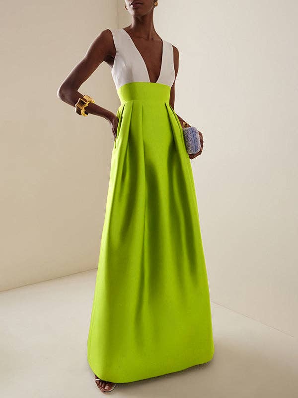 BIANCO VERDE Abito lungo plissettato a vita alta a linea ad A con scollo a V in vendita all'ingrosso su Faire1