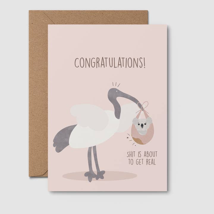 sh**s about to get real: Funny baby shower card pink for wholesale by From Rosalie