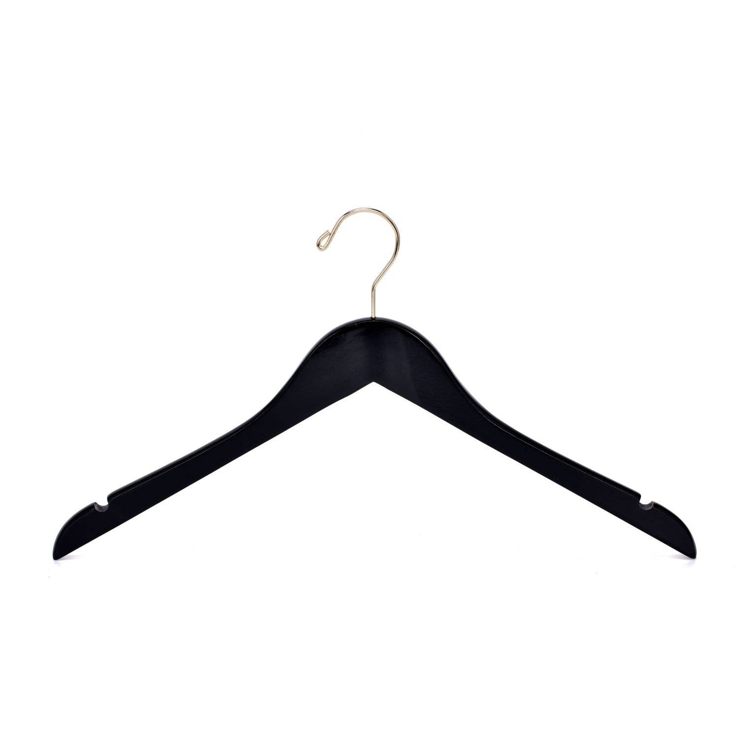Quality Hangers - Wholesale Clothes Hangers - W071 Semi Curved Wooden Hangers - Black with Gold Hook - 801