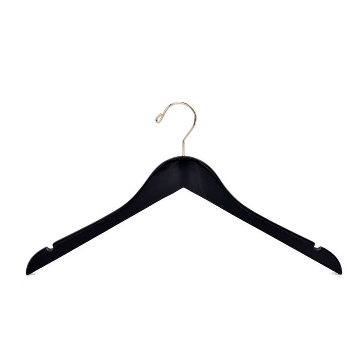 Quality Hangers - Wholesale Clothes hangers - W071 Semi Curved Wooden Hangers - Black with Gold Hook - 801