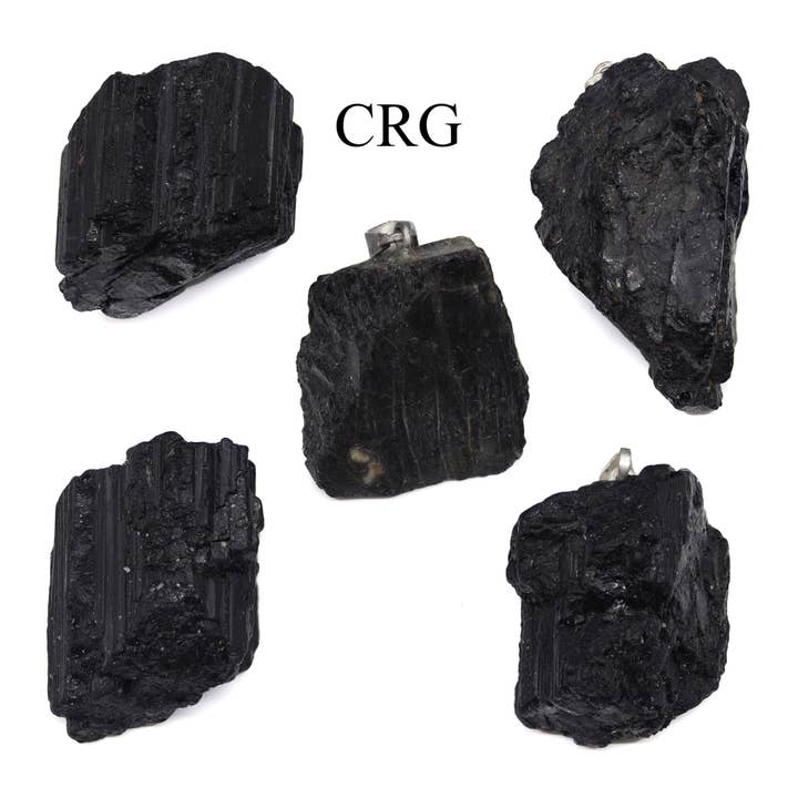 SET OF 5 - Black Tourmaline Rough Rock Pendant from Brazil / 18-22mm Avg for wholesale by Crystal River Gems LLC