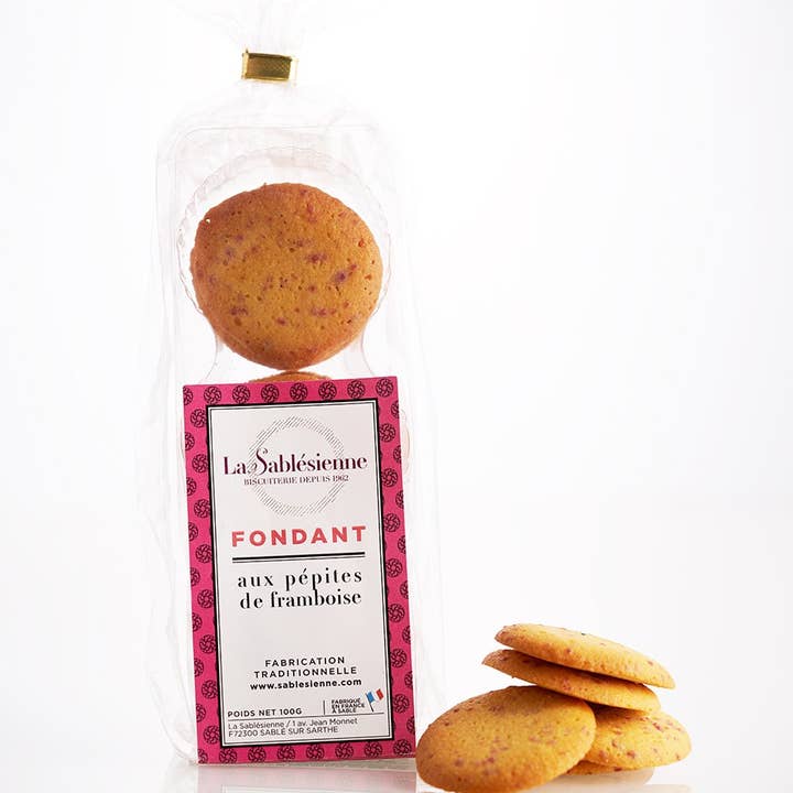 Biscuits fondants pépites de framboise - sachet 100 g pour la vente par LA SABLESIENNE