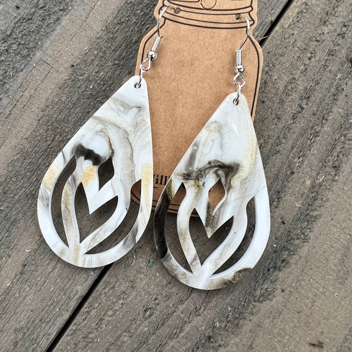 White Gold and Black Swirl Teardrop Acrylic Earrings for wholesale by Jill's Jewels