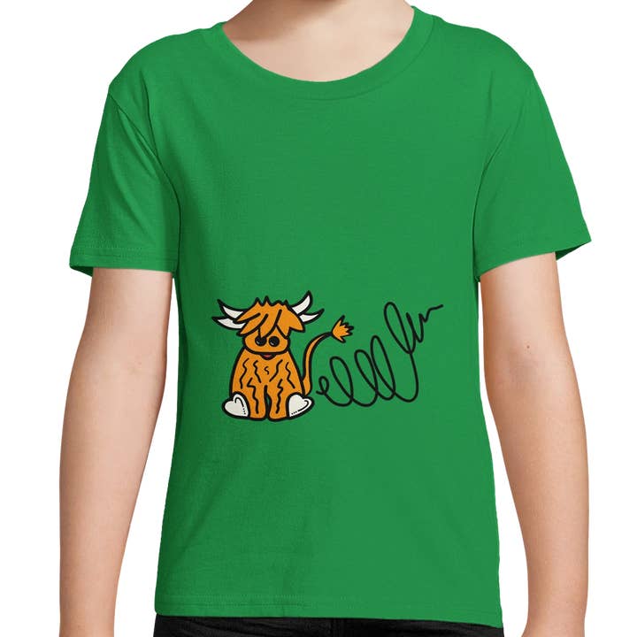 Organic Highland Cow Kids T-Shirt | Hand-drawn in Scotland for wholesale by Bold Bairns