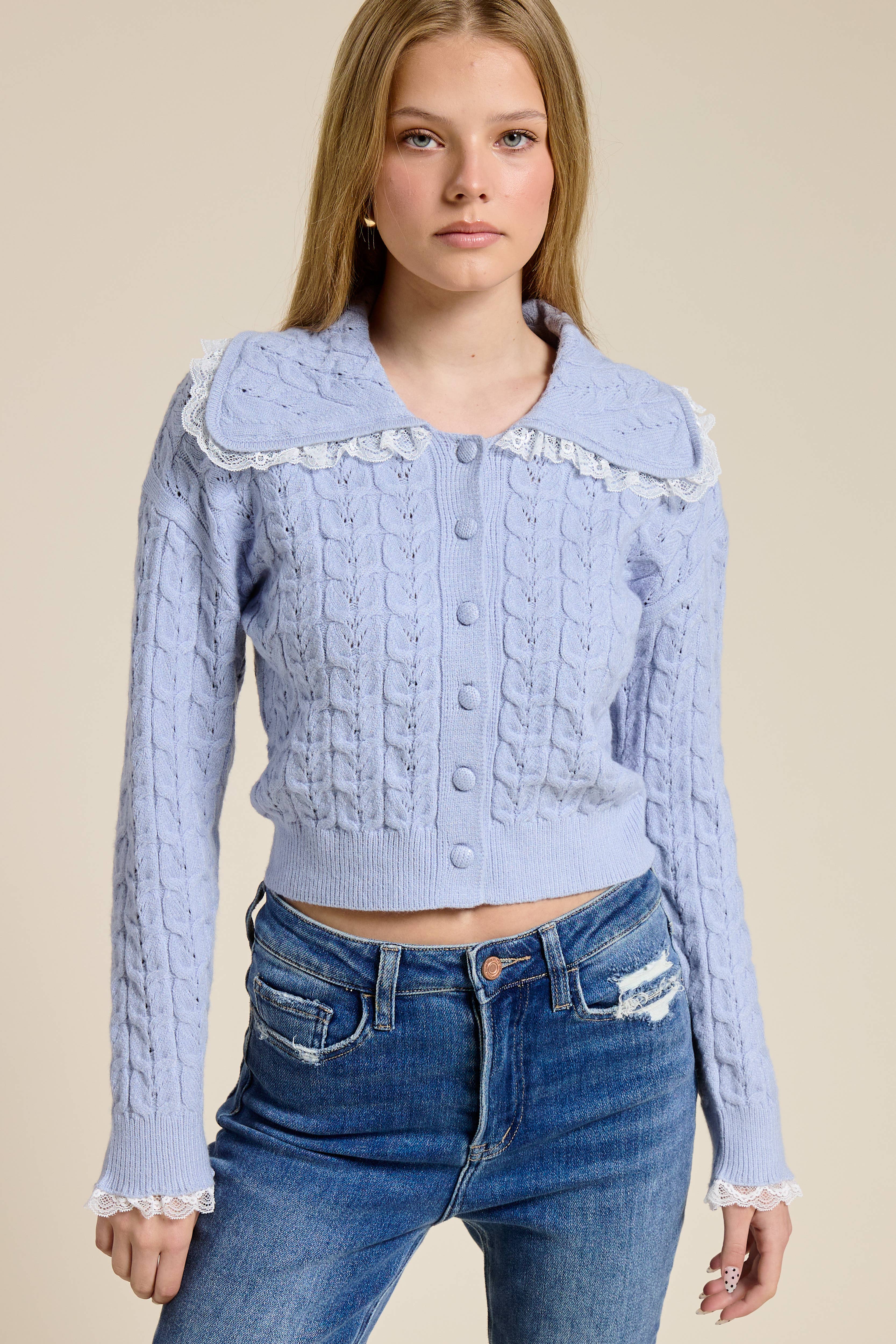 Mimosa - Wholesale Cardigan - Women's - Lace Trim Collar Cable Knit Cardigan5