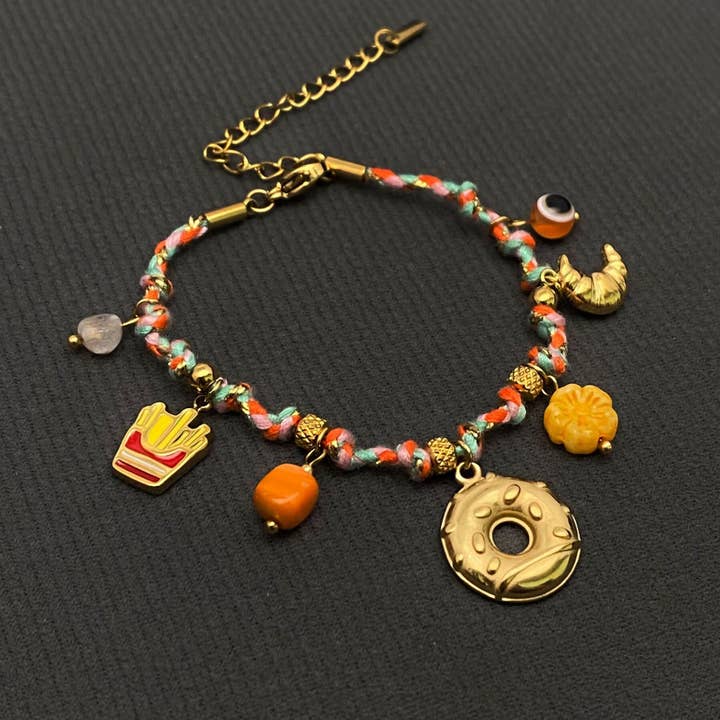 French Fries & Donut Charm 18K Gold Plated SS Bracelet - FGS for wholesale by Mio Queena
