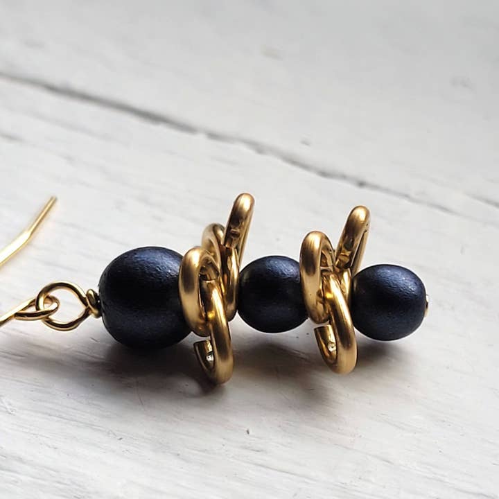 Gold & Blue Beaded "Blueberry Vine" Earrings/Holiday for wholesale by Teahan K Jewelry