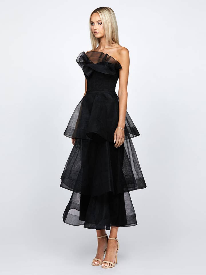 BLACK KASCADE TIERED RUFFLE MIDAXI B68D07L for wholesale on Faire