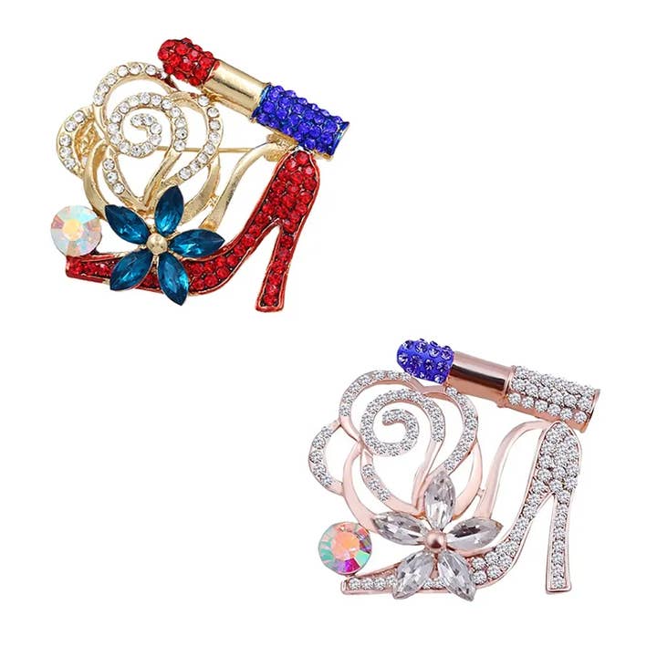 Rhinestone Crystal Blue Lip Stick High Heel Brooch Jewelry for wholesale by CANDYLO
