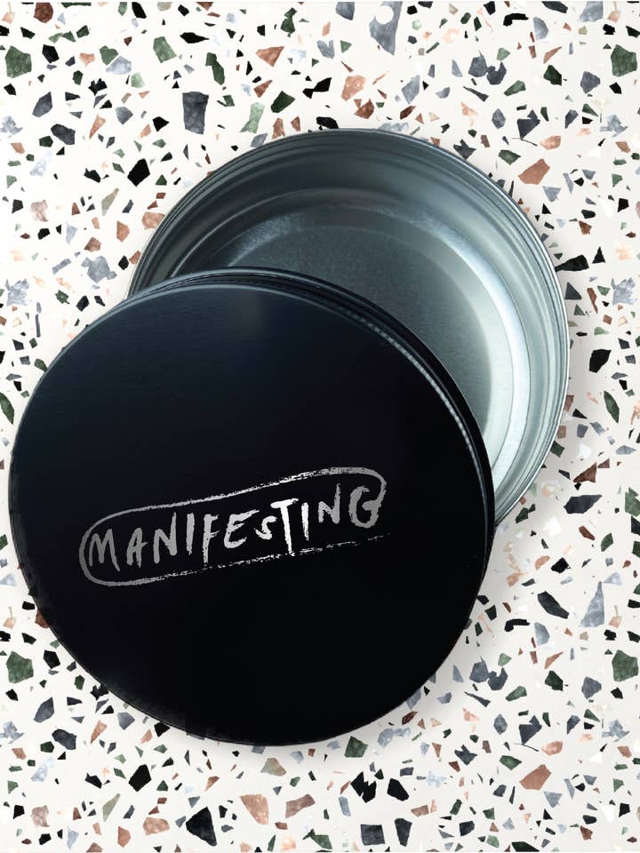 "Manifesting" engraved 4oz metal stash/storage container for wholesale by Three Witches Tea Shop