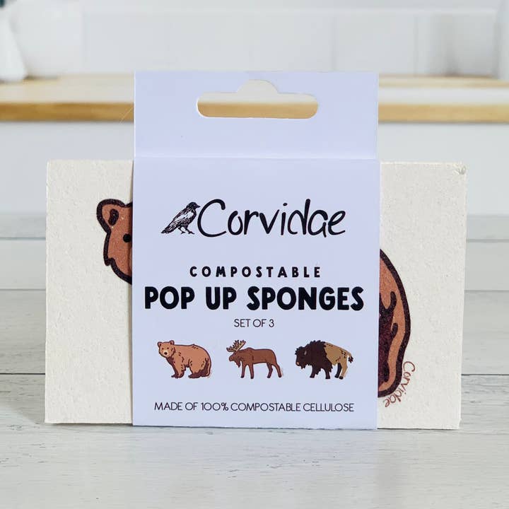 Bear Moose Bison Compostable Pop Up Sponge - set of 3 for wholesale by Corvidae drawings & designs