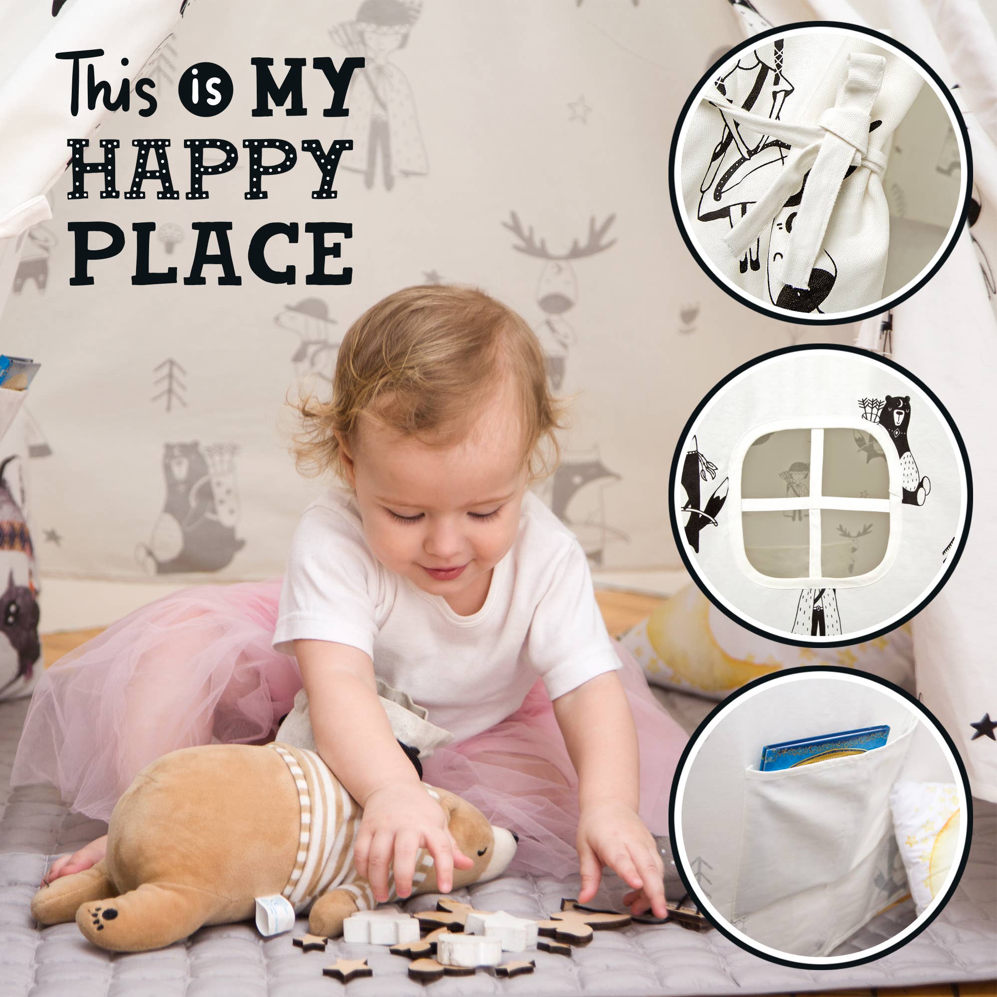 White Black Hakuna Matte Teepee Tent for Children «Little Explorers» for wholesale on Faire6