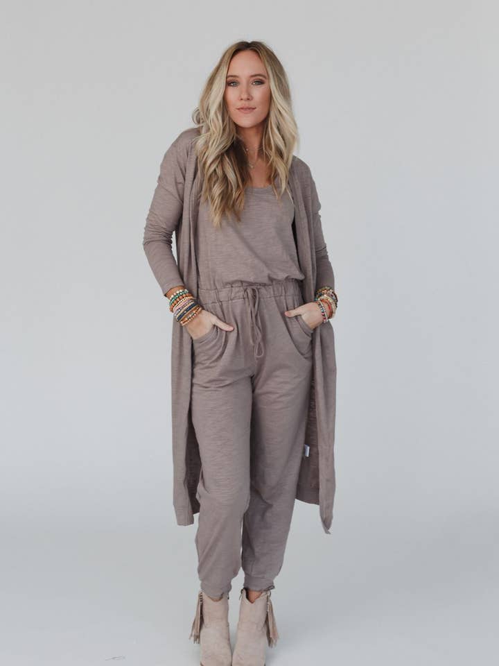 Set to Go Textured Jumpsuit And Cardigan Set - Mocha for wholesale on Faire