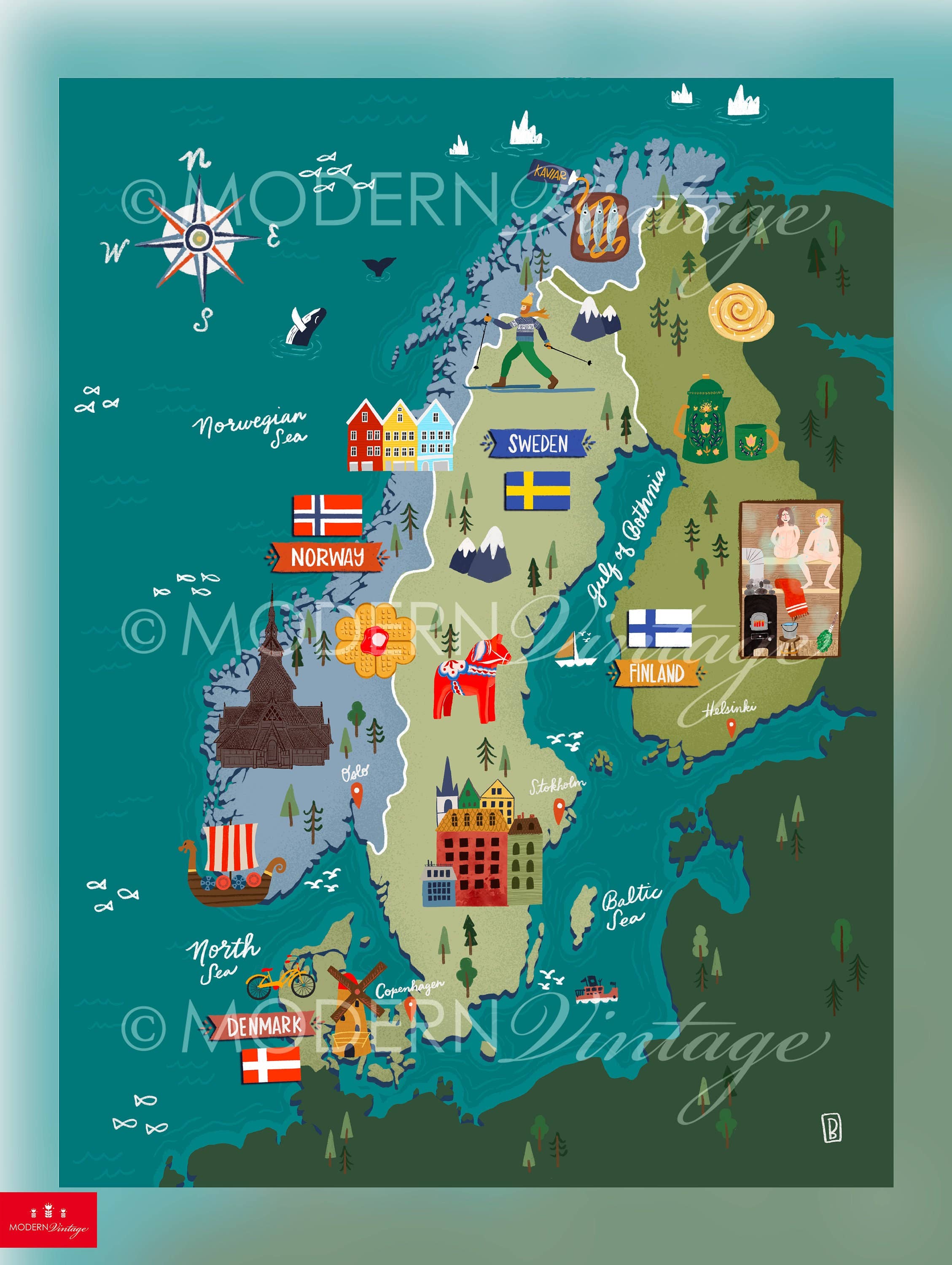 Modern Vintage Design Studio - Wholesale Map - Scandinavia Map: Norway, Sweden, Finland, Denmark1